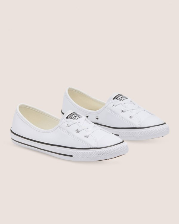 Converse Chuck Taylor All Star Ballet Lace Faux Leather Slip Hvide Sko Danmark - Converse Lave Sneak